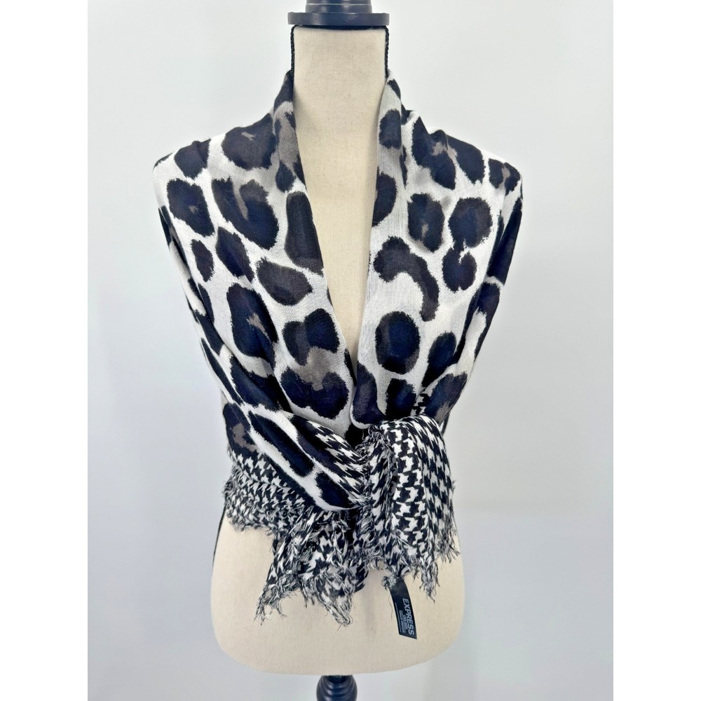 Express Houndstooth Animal Leopard Print B&W Scarf Shawl Wrap Mixed Media 48"